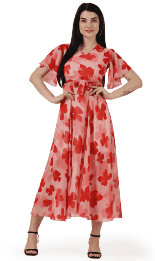 maxi dress, Fit and flare dress with floral print, dress with V-neck