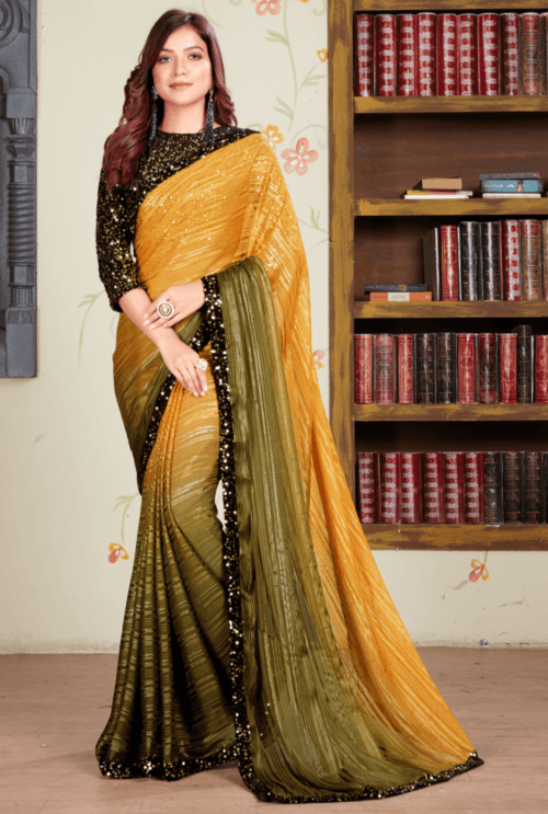 silk blend saree, sequin saree, yellow saree, ruffle saree, partywear saree