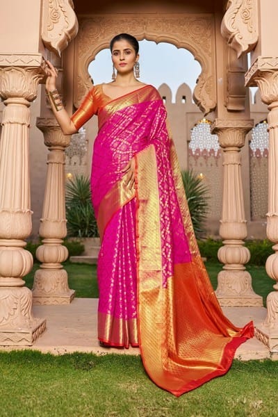 saree, pink saree, banarasi silk saree, festive wear, wedding wear saree, bridal saree, woven design sari, sari