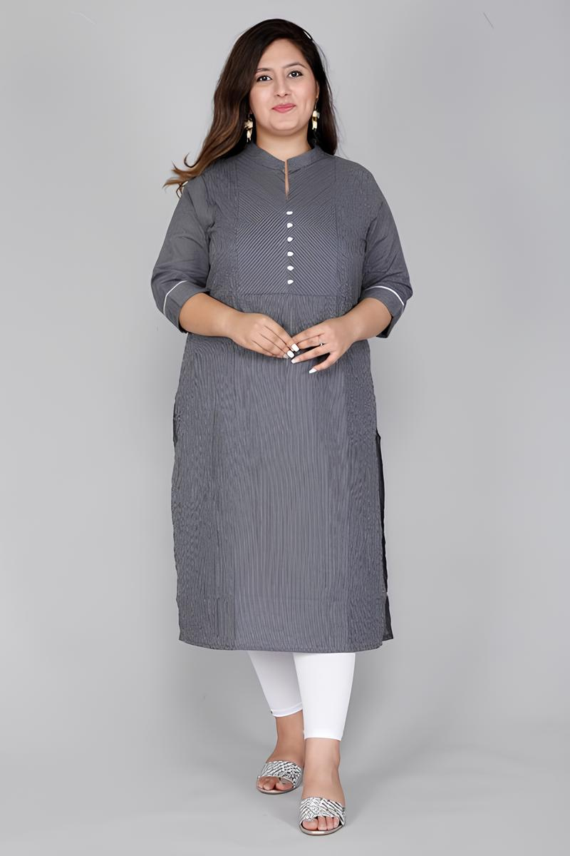 Plus Size Cotton Printed Grey Kurta