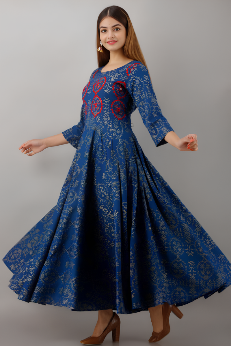 Women Cotton Blue Anarkali