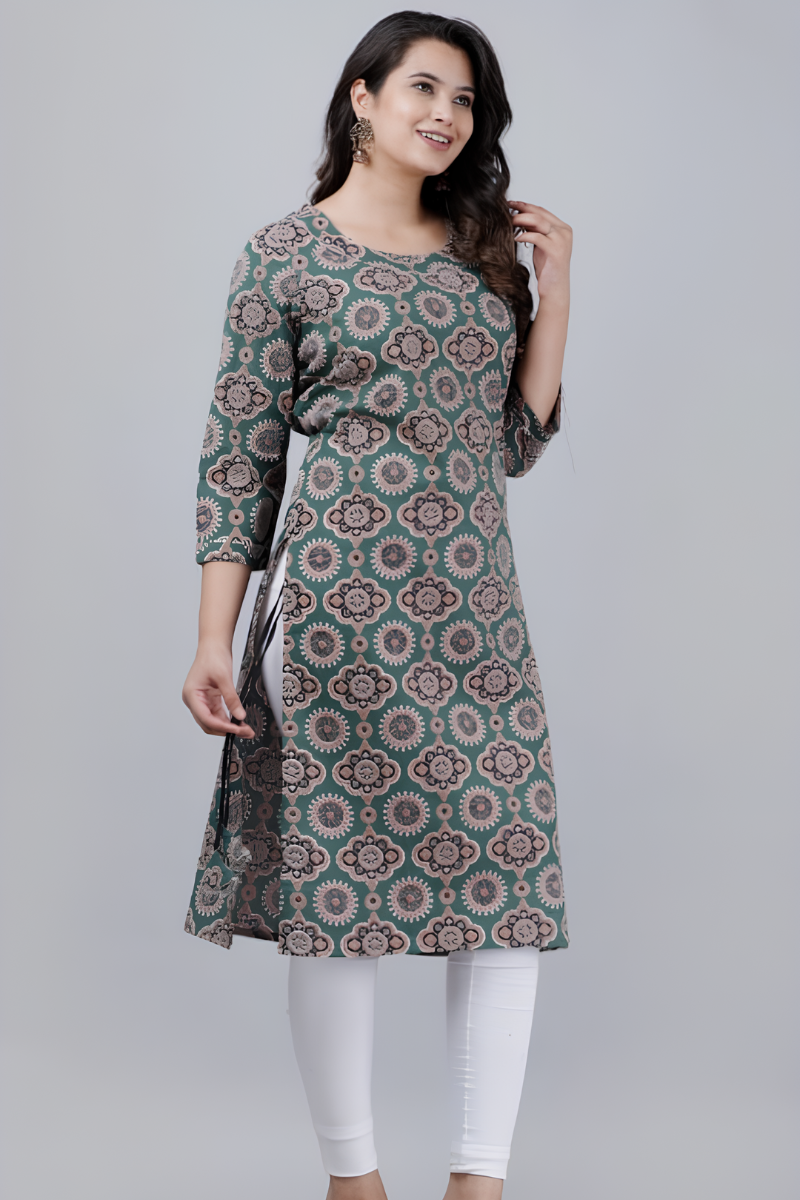 Women Cotton Green Kurta
