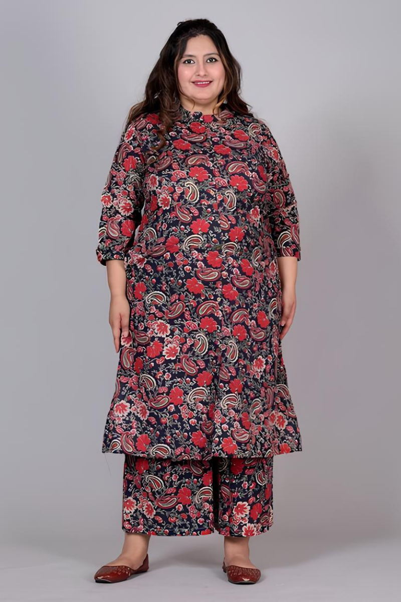 Plus Size Cotton Printed Blue Kurta Set