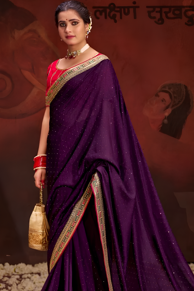 Purple Vichitra Silk Embellished Saree