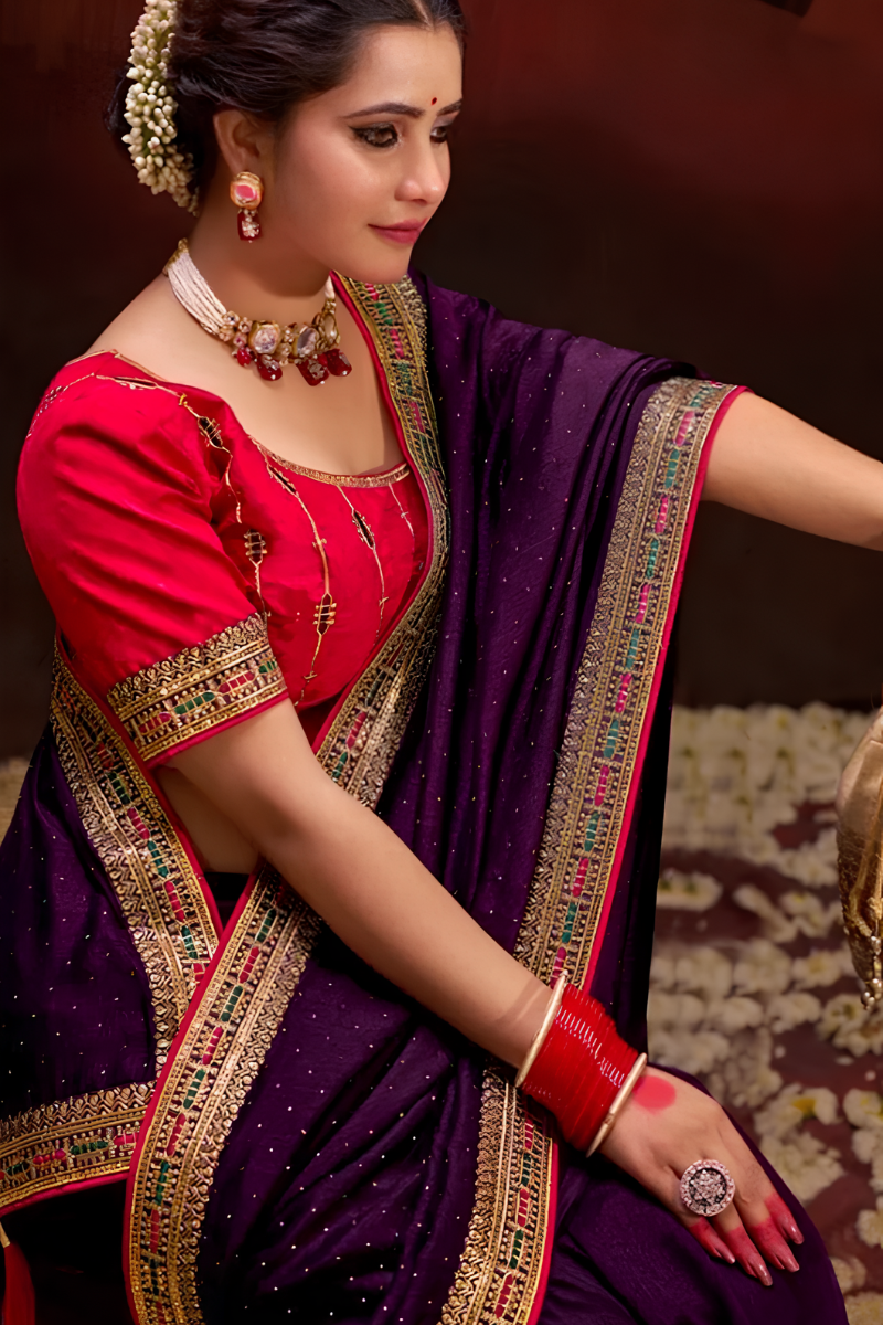 Attiris Purple saree (2) Purple Vichitra Silk Embellished Saree