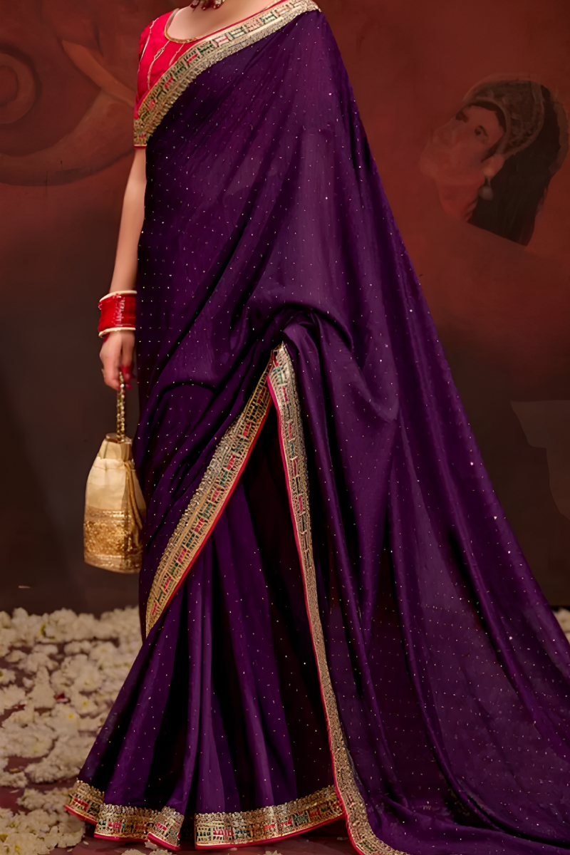 Purple Vichitra Silk Embellished Saree