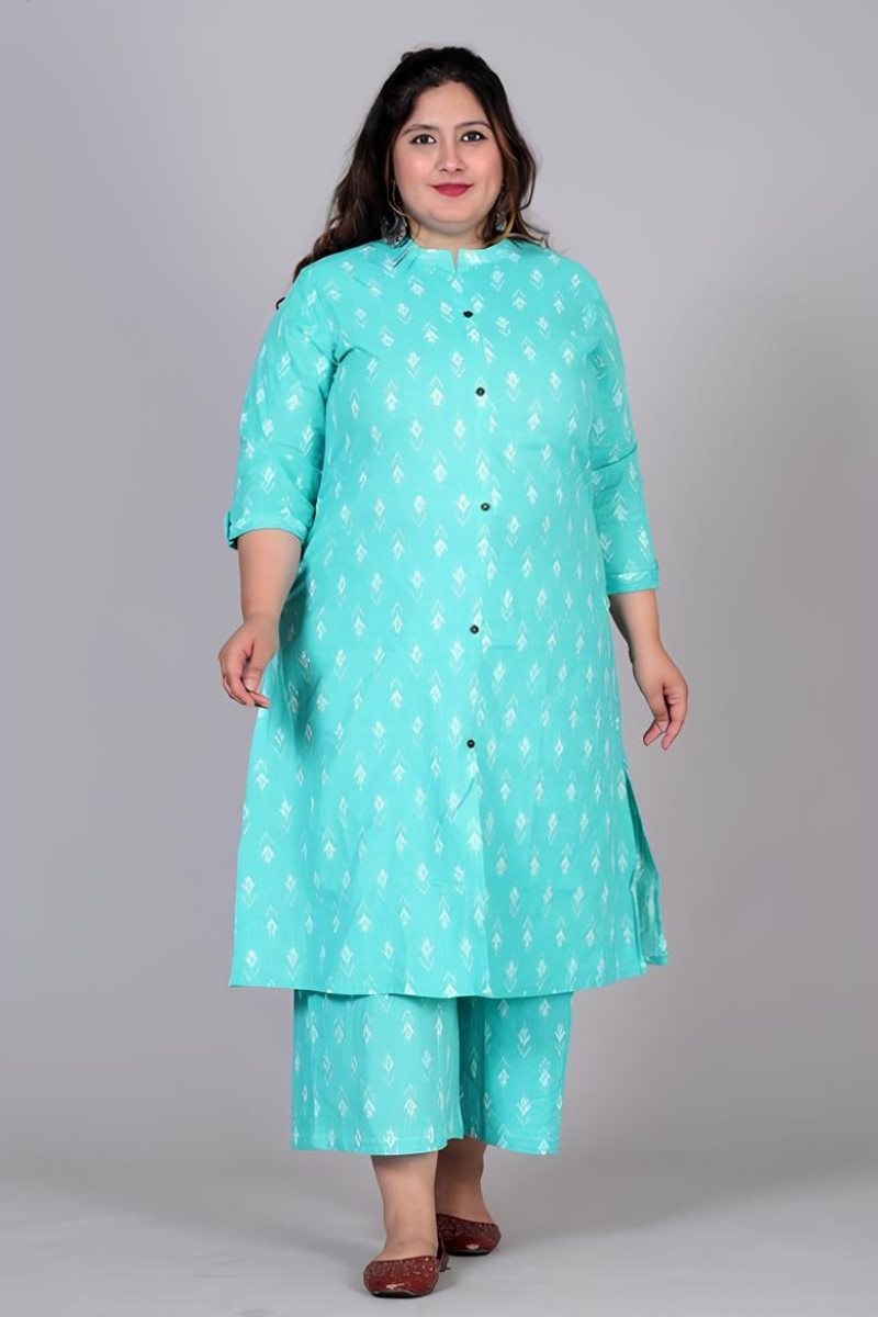 Plus Size Cotton Printed Blue Kurta Set