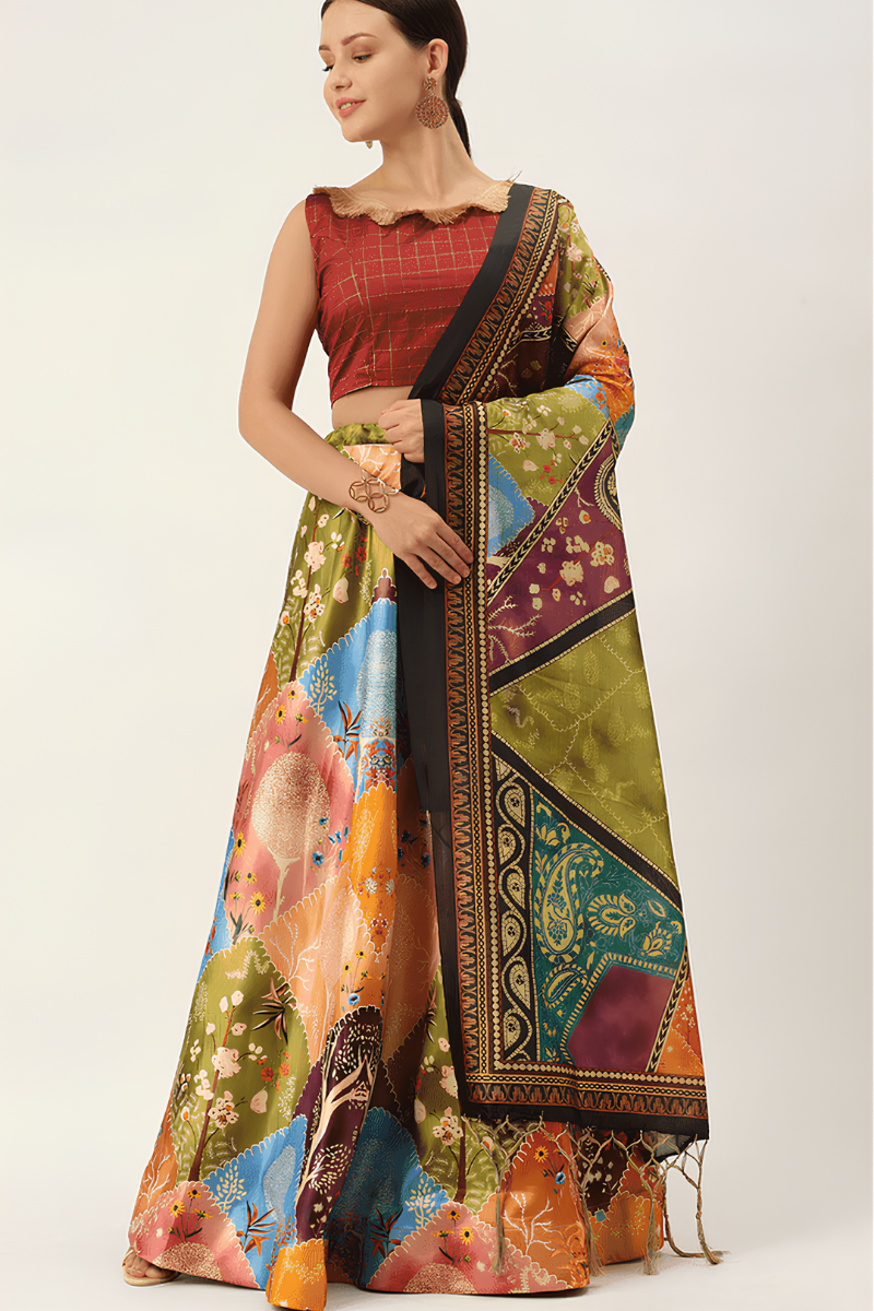Satin Silk Semi-Stitched Lehenga