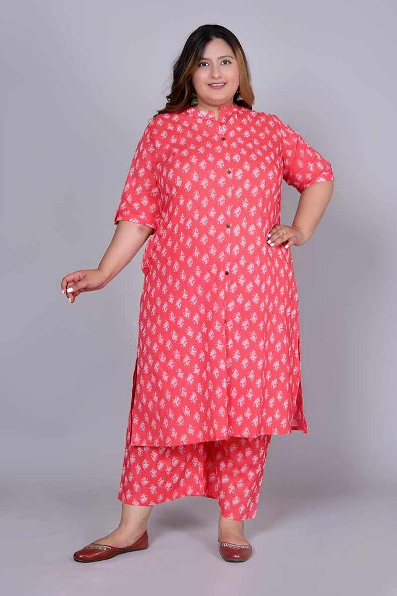 Plus Size Cotton Pink Kurta Set