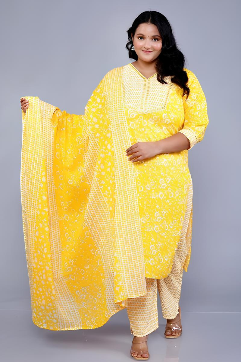 Plus Size Cotton Printed Yellow Kurta Pant Set with Dupatta