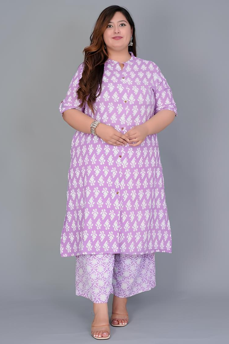 Plus Size Cotton Printed Purple Kurta Set