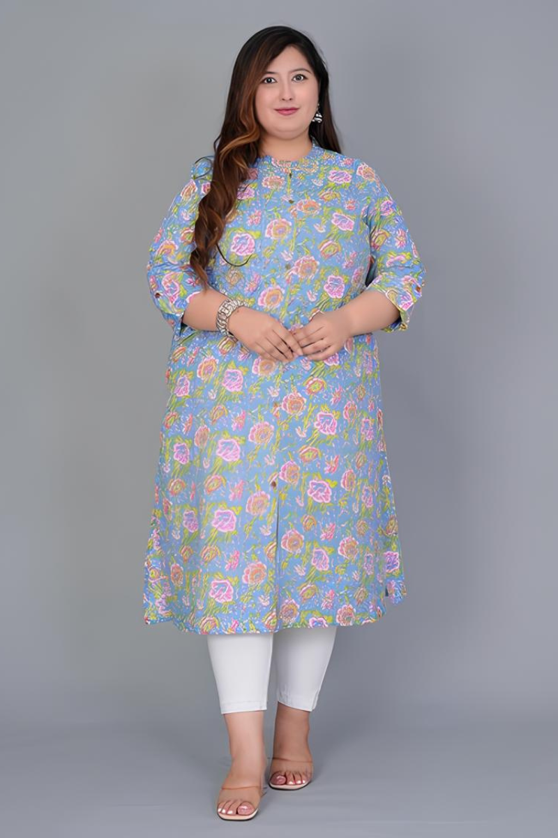 Plus Size Cotton Printed Blue Kurta