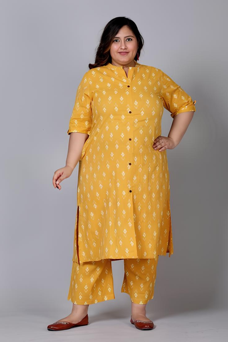 Plus Size Cotton Yellow Kurta Set