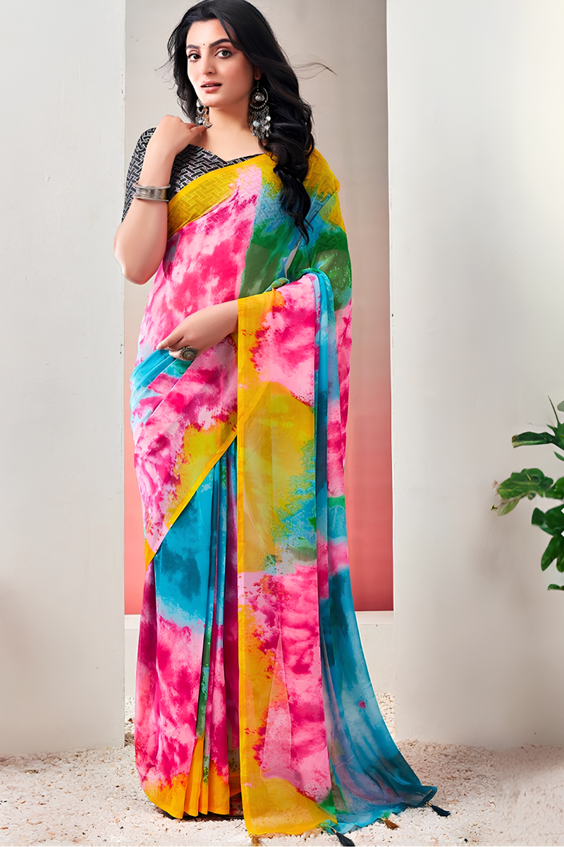 Blue Georgette Printed Ready to Wear Saree