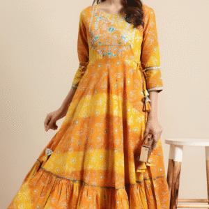 Women Cotton Yellow Anarkali
