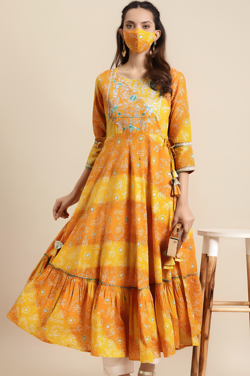 Women Cotton Yellow Anarkali