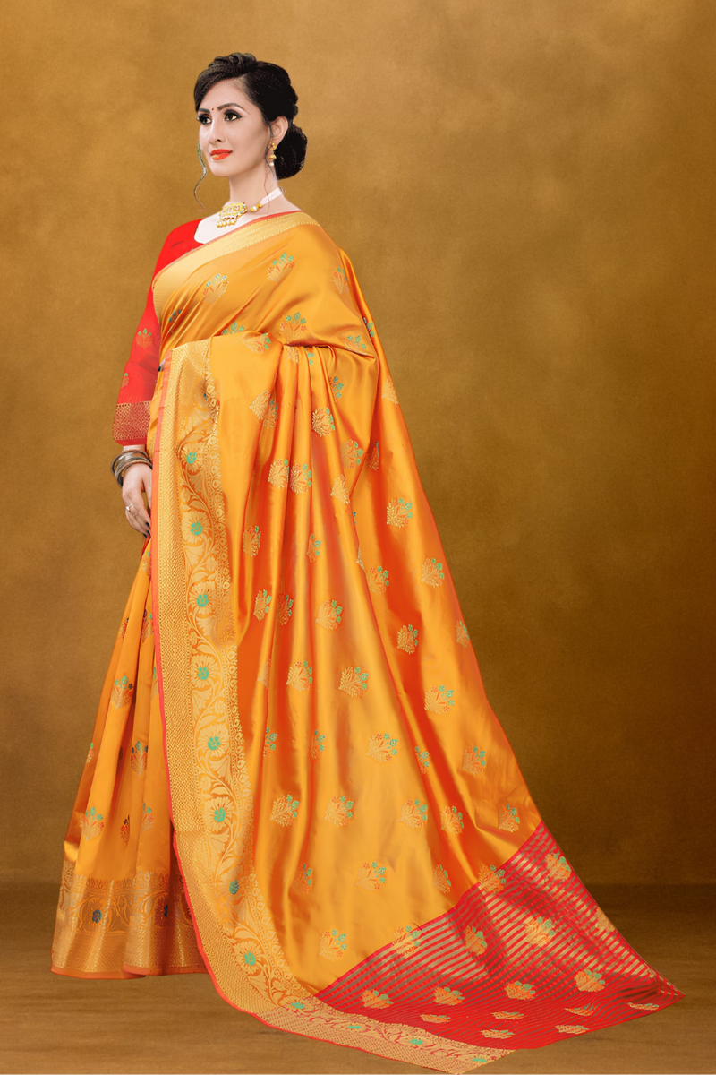 silk saree, yellow silk saree, women saree, festive wear