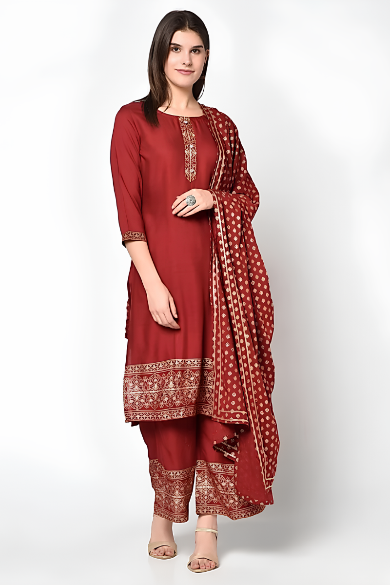 rayon kurta set, kurta palazzo set, maroon kurta set, kurta for women, casual kurta set