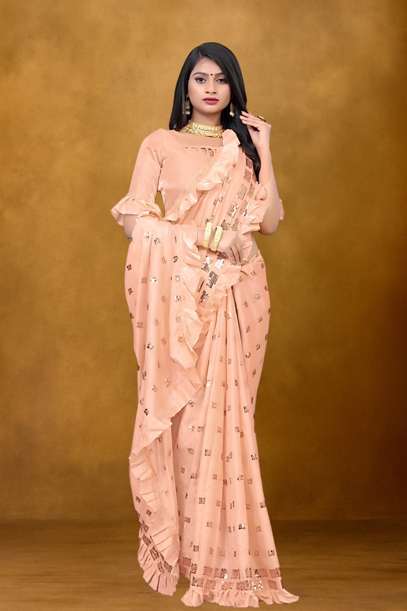 silk saree, silk blend saree, saree for women, sari, peach saree, sequin saree for women, festive wear saree, diwali wear saree, indian saree