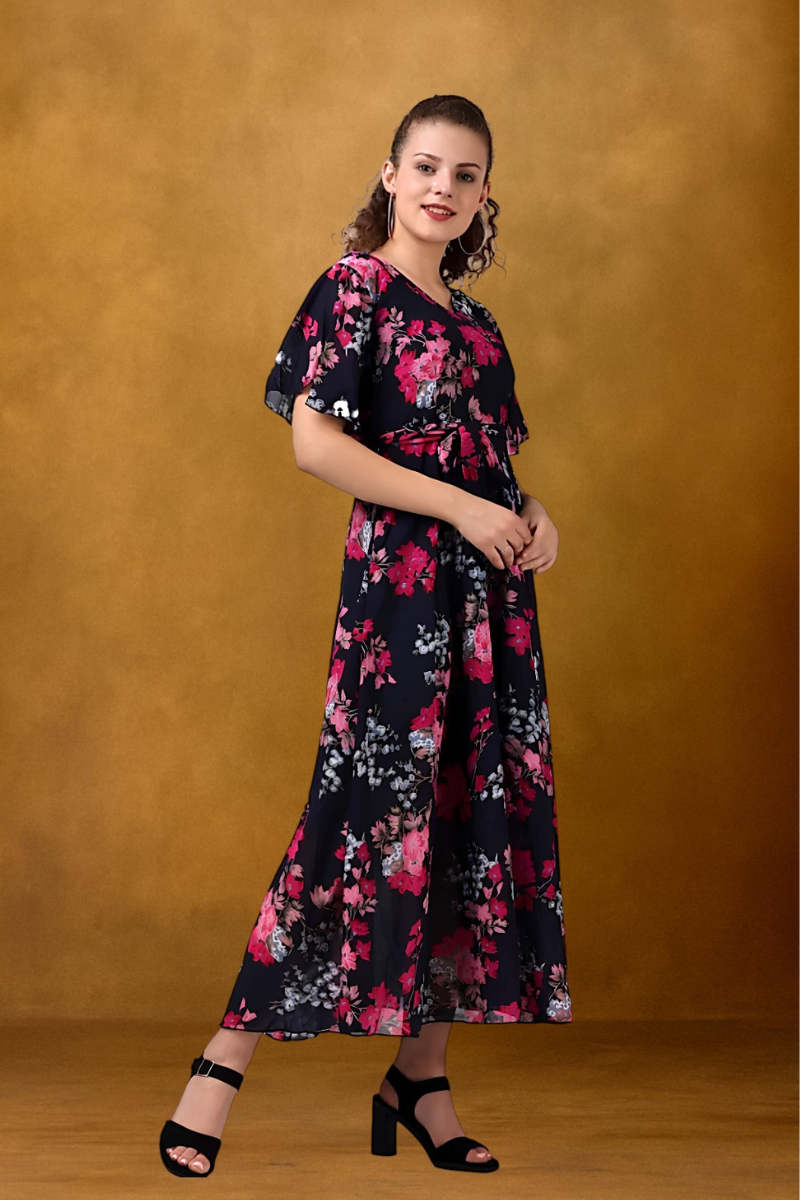 dress for women, black dress, floral print dress, georgette dress, dresses for women, printed dress, one piece, maxi dress, v neck dress