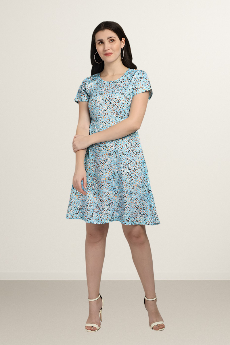 rayon dress, dress for women, dresses for women, blue dress for women, a line dress, knee length dress, short sleeve dress
