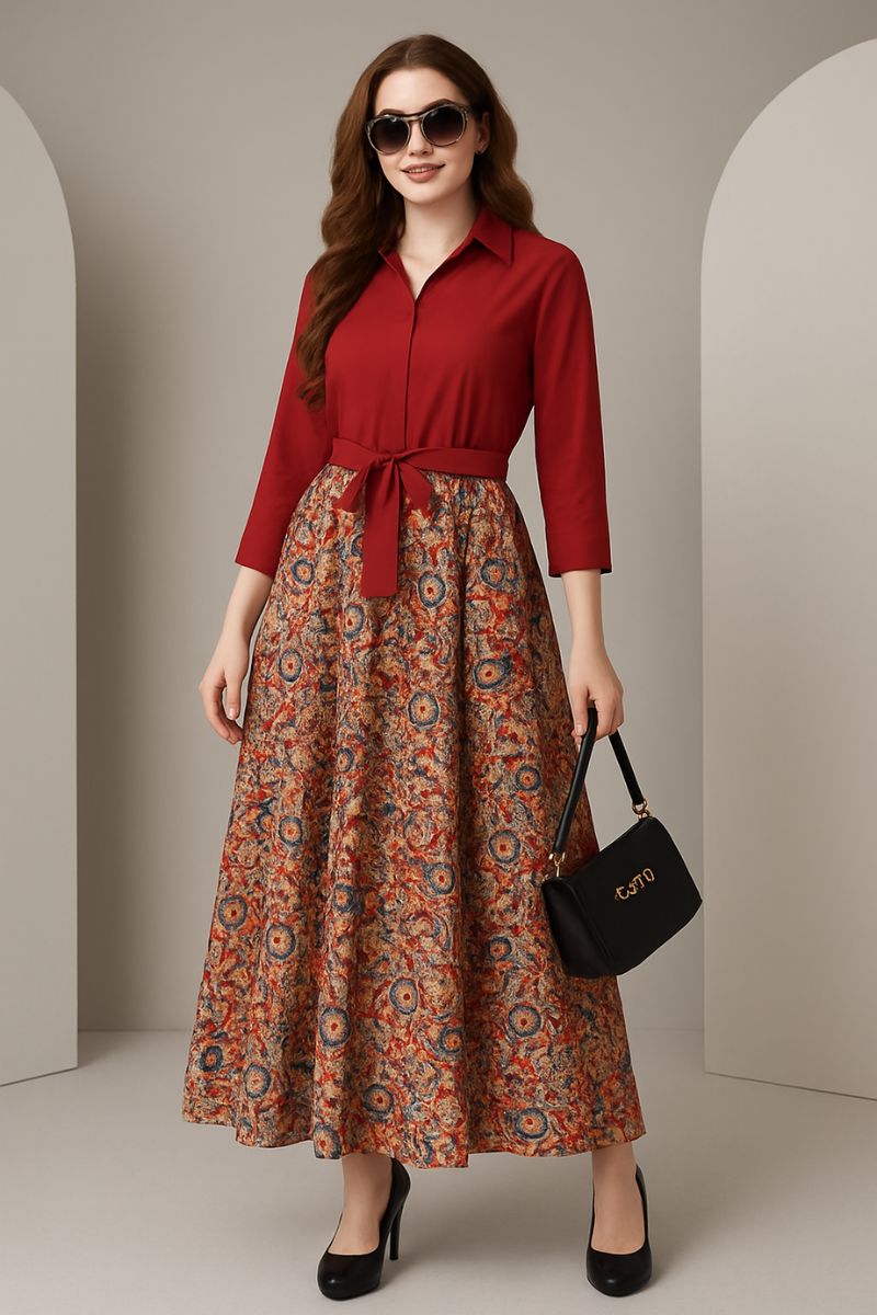 maroon dress, crepe dress, maxi dress, printed dress, v neck dress