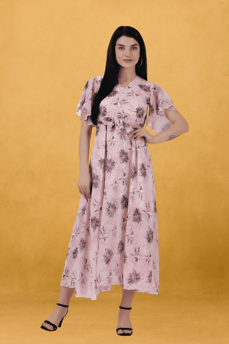 dress for women, pink dress, floral print dress, georgette dress, dresses for women, printed dress, one piece, maxi dress, v neck dress