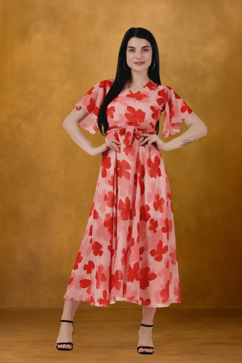 dress for women, red dress, floral print dress, georgette dress, dresses for women, printed dress, one piece, maxi dress, v neck dress