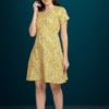 rayon dress, dress for women, dresses for women, yellow dress for women, a line dress, knee length dress, short sleeve dress