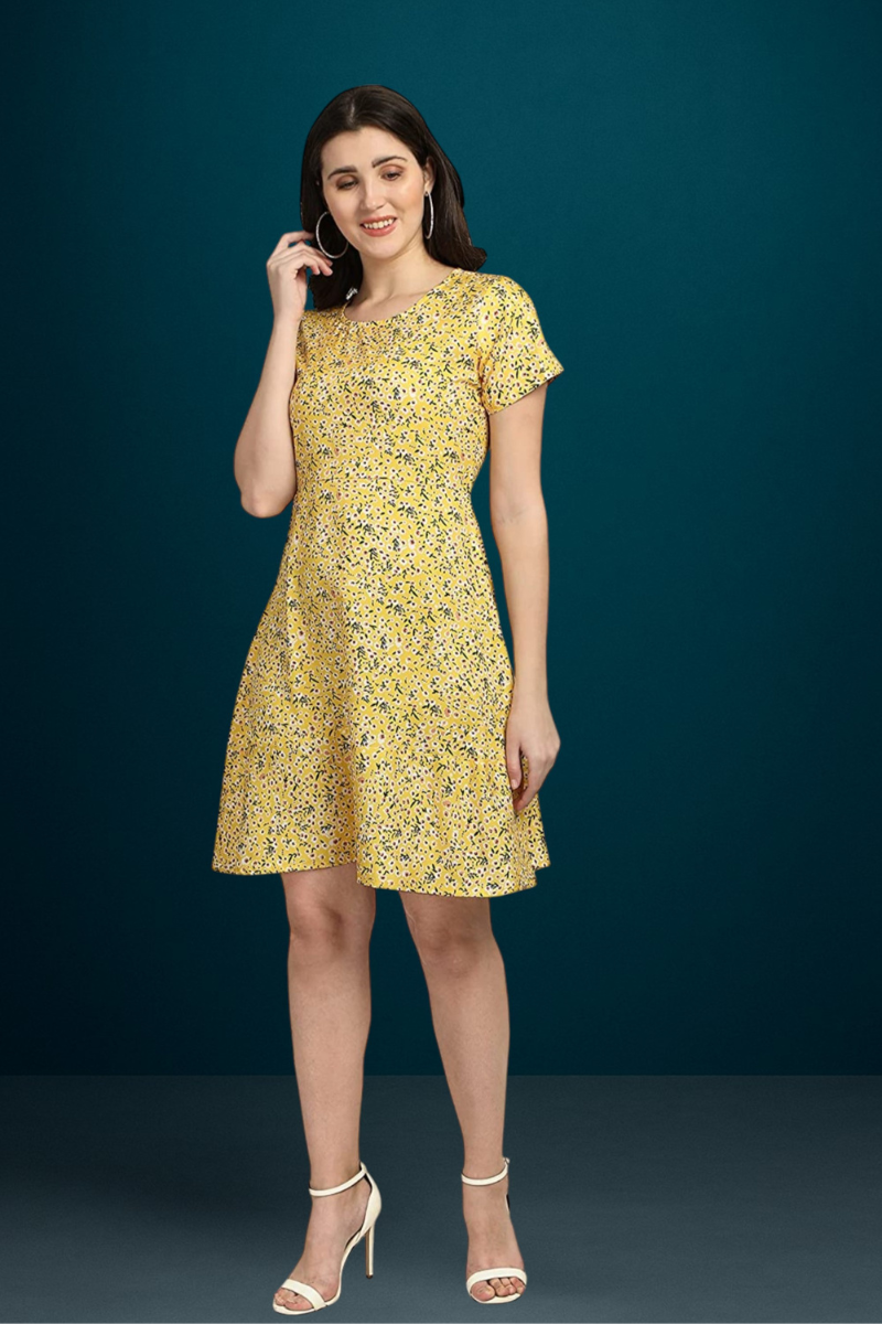 rayon dress, dress for women, dresses for women, yellow dress for women, a line dress, knee length dress, short sleeve dress