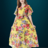 dress for women, yellow dress, floral print dress, georgette dress, dresses for women, printed dress, one piece, maxi dress, v neck dress