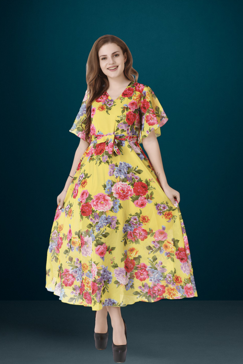dress for women, yellow dress, floral print dress, georgette dress, dresses for women, printed dress, one piece, maxi dress, v neck dress