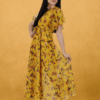 dress for women, yellow dress, floral print dress, georgette dress, dresses for women, printed dress, one piece, maxi dress, v neck dress