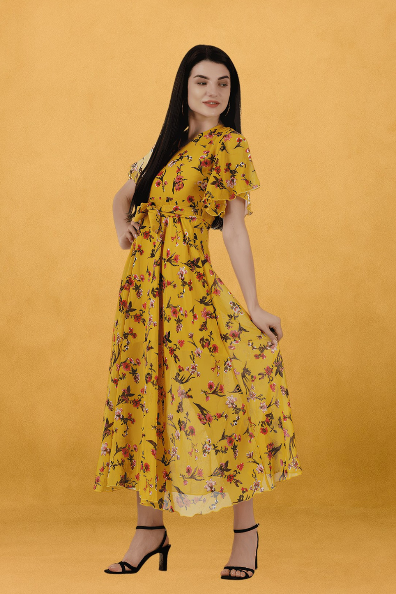 dress for women, yellow dress, floral print dress, georgette dress, dresses for women, printed dress, one piece, maxi dress, v neck dress